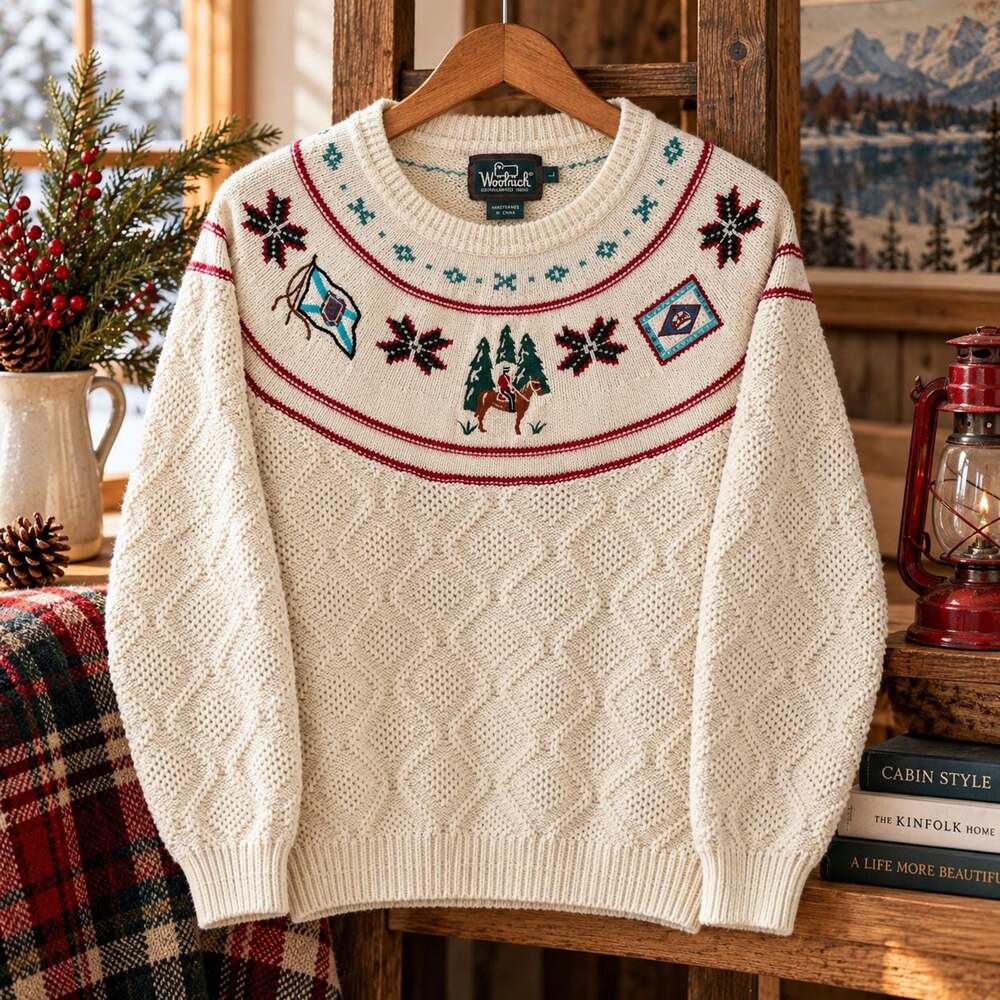 Vintage Woolrich Mountie Sweater Women's Large Cream Wool Fair Isle Cable Knit